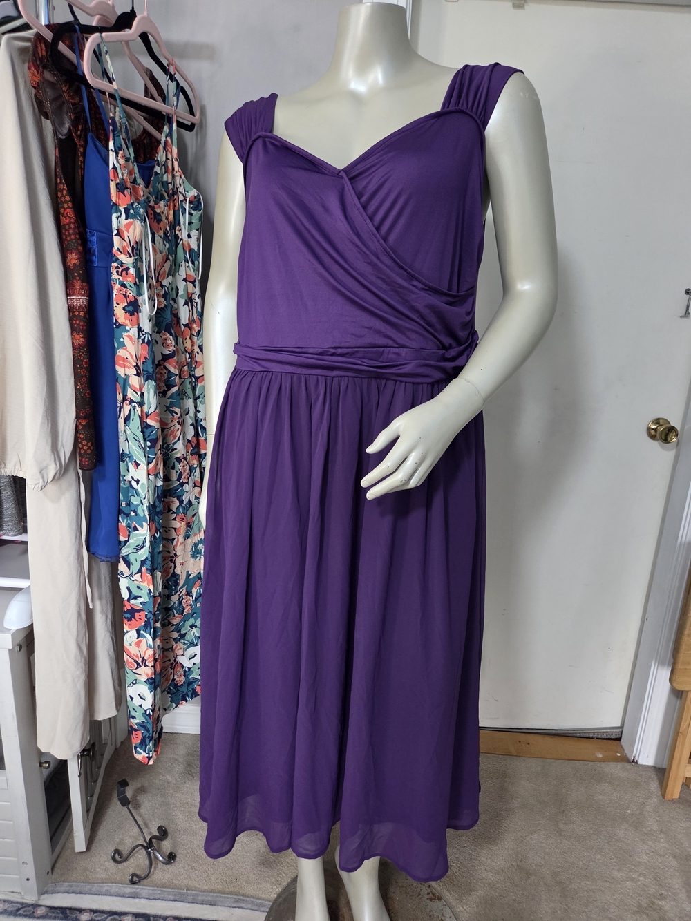 NWT Elegant Purple Midi Wrap Dress with Ruched Shoulders